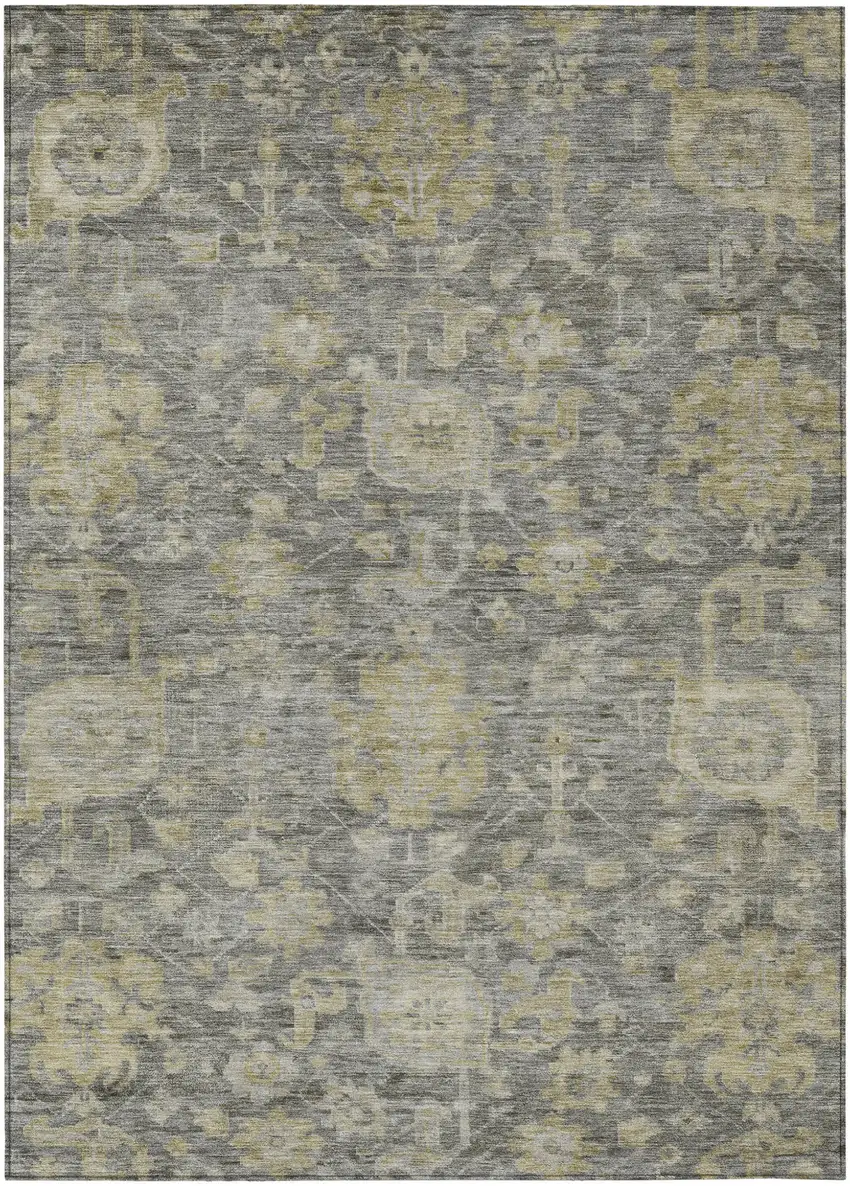 Pewter And Green Damask Washable Indoor Outdoor Area Rug Photo 2