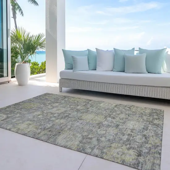 Pewter And Green Damask Washable Indoor Outdoor Area Rug Photo 7