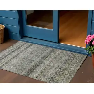 Photo of Pewter And Green Striped Washable Indoor Outdoor Area Rug