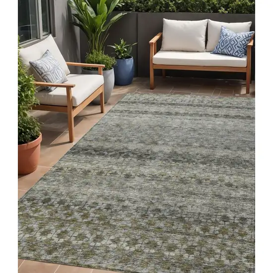 Pewter And Green Striped Washable Indoor Outdoor Area Rug Photo 1