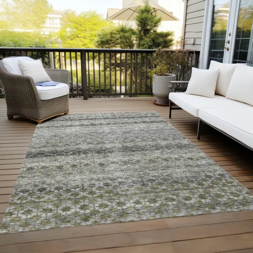Pewter And Green Striped Washable Indoor Outdoor Area Rug Photo 9