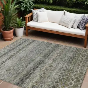 Photo of Pewter And Green Striped Washable Indoor Outdoor Area Rug