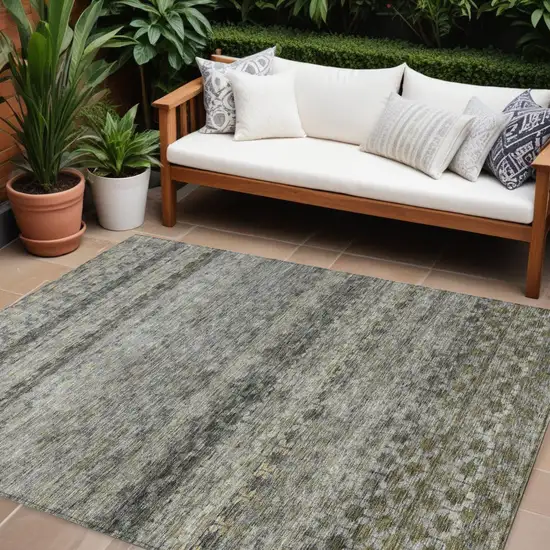 Pewter And Green Striped Washable Indoor Outdoor Area Rug Photo 1