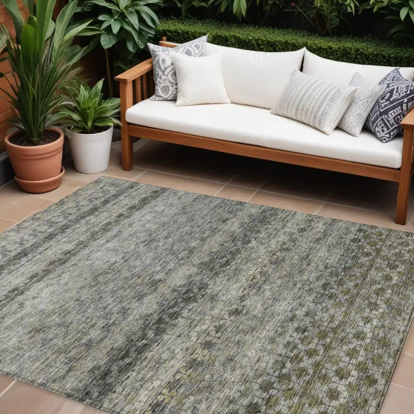 Pewter And Green Striped Washable Indoor Outdoor Area Rug Photo 1