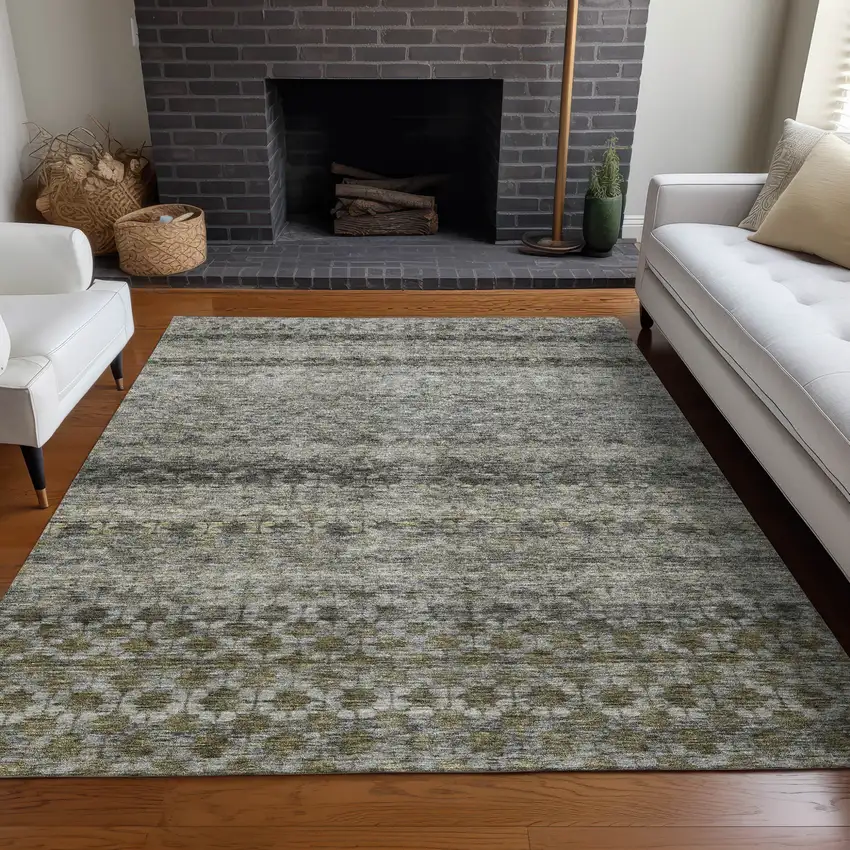 Pewter And Green Striped Washable Indoor Outdoor Area Rug Photo 9