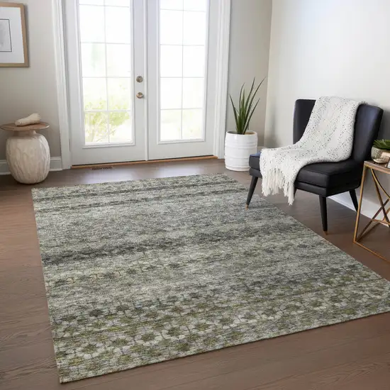 Pewter And Green Striped Washable Indoor Outdoor Area Rug Photo 9