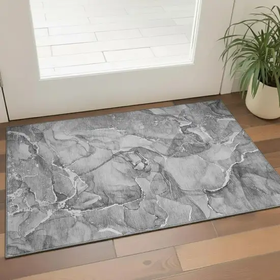 Pewter And Ivory Abstract Washable Area Rug With UV Protection Photo 1