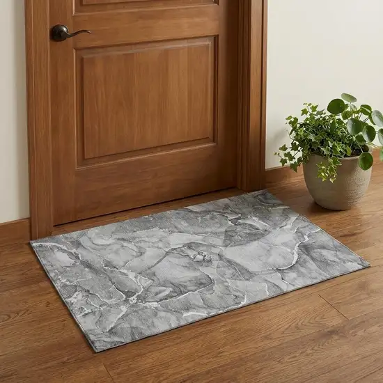 Pewter And Ivory Abstract Washable Area Rug With UV Protection Photo 1