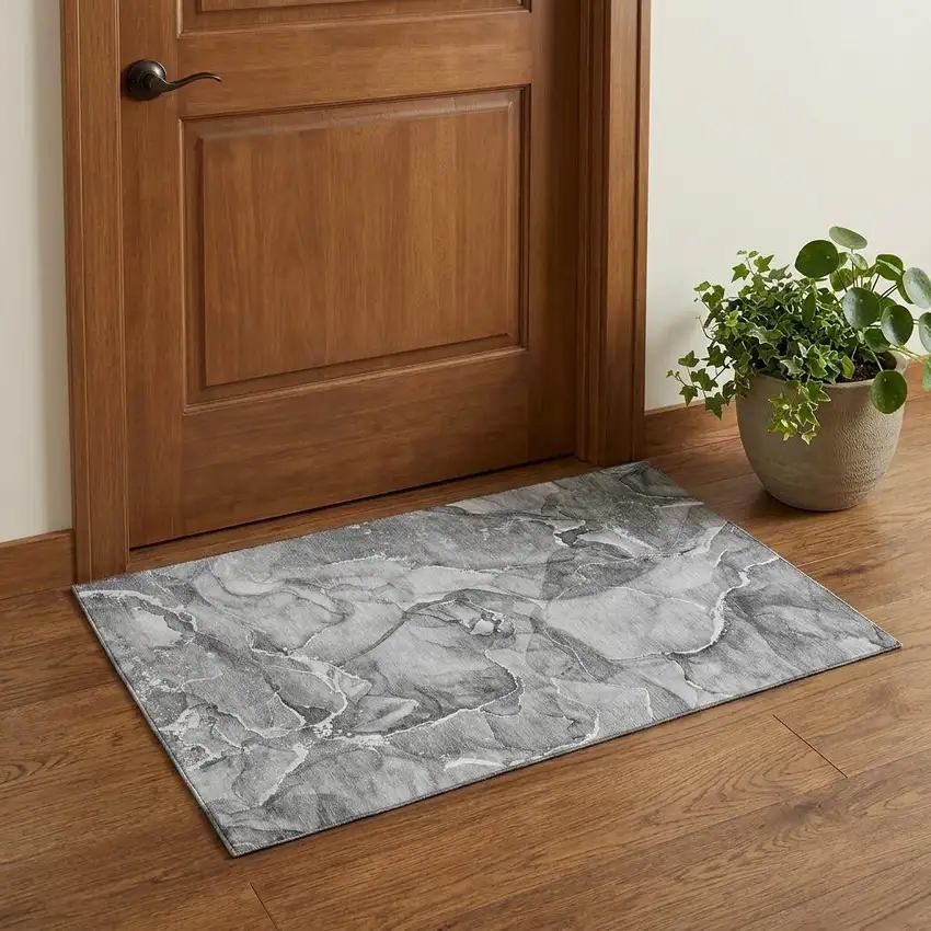 Pewter And Ivory Abstract Washable Area Rug With UV Protection Photo 1