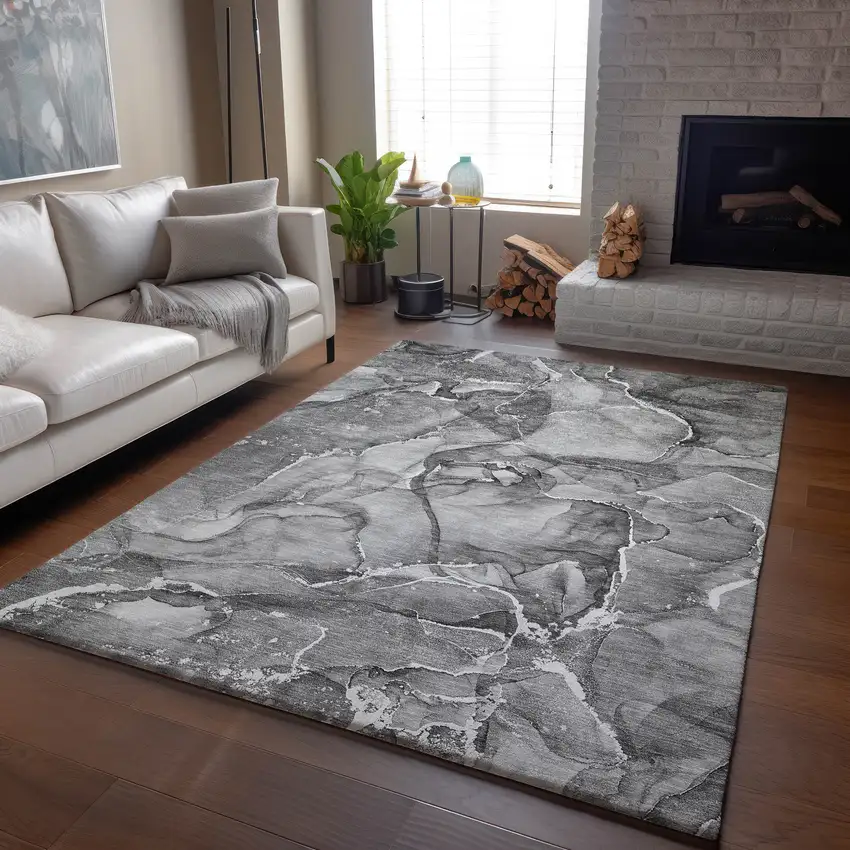 Pewter And Ivory Abstract Washable Area Rug With UV Protection Photo 5