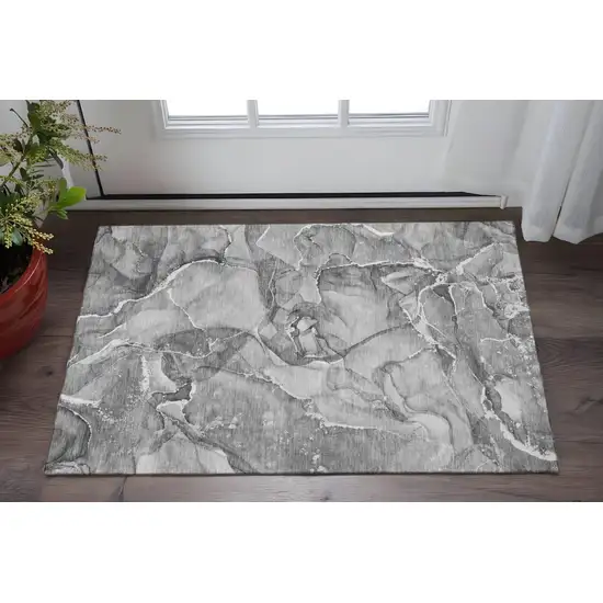 Pewter And Ivory Abstract Washable Area Rug With UV Protection Photo 2
