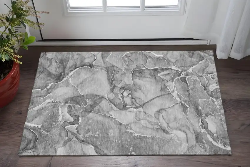 Pewter And Ivory Abstract Washable Area Rug With UV Protection Photo 2