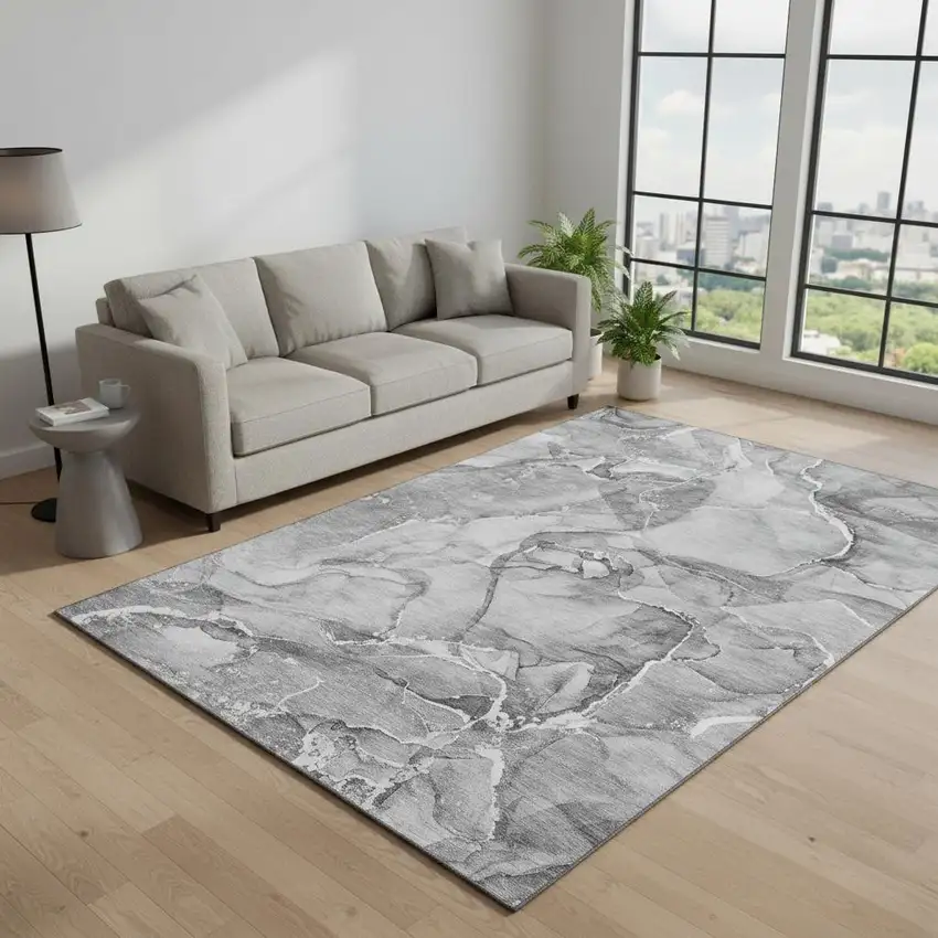 Pewter And Ivory Abstract Washable Area Rug With UV Protection Photo 2