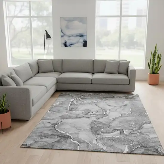 Pewter And Ivory Abstract Washable Area Rug With UV Protection Photo 1