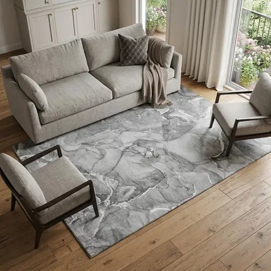 Pewter And Ivory Abstract Washable Area Rug With UV Protection Photo 1