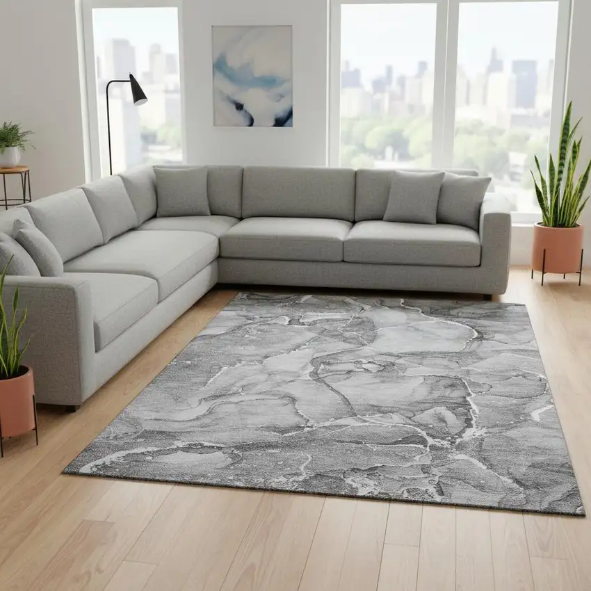 Pewter And Ivory Abstract Washable Area Rug With UV Protection Photo 1