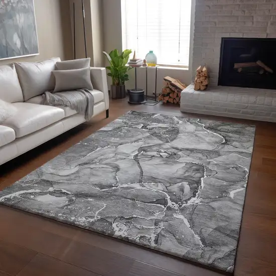 Pewter And Ivory Abstract Washable Area Rug With UV Protection Photo 5