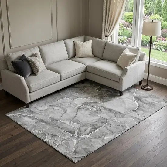 Pewter And Ivory Abstract Washable Area Rug With UV Protection Photo 1