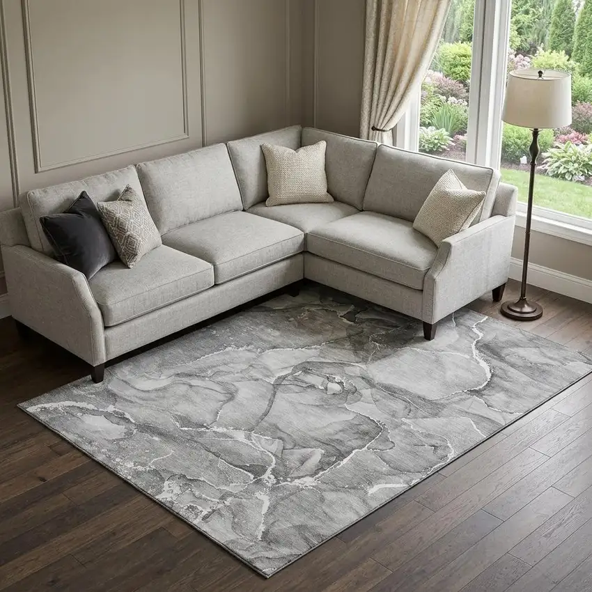 Pewter And Ivory Abstract Washable Area Rug With UV Protection Photo 1