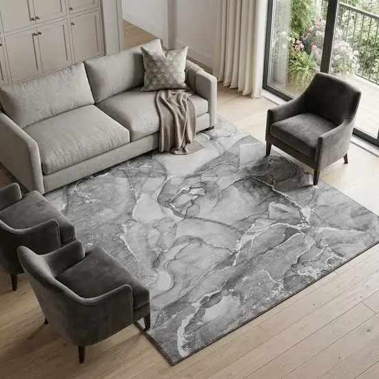 Pewter And Ivory Abstract Washable Area Rug With UV Protection Photo 1