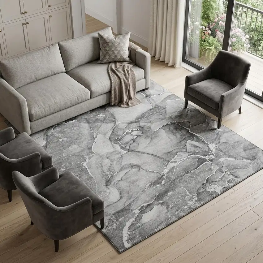 Pewter And Ivory Abstract Washable Area Rug With UV Protection Photo 1