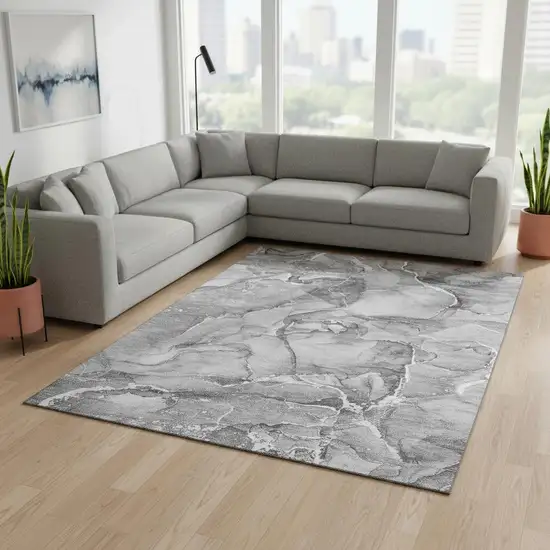 Pewter And Ivory Abstract Washable Area Rug With UV Protection Photo 1