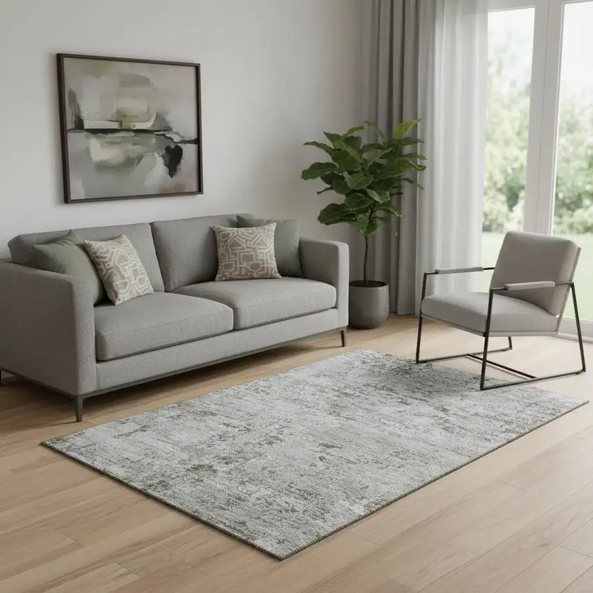 Pewter And Ivory Abstract Washable Area Rug With UV Protection Photo 2