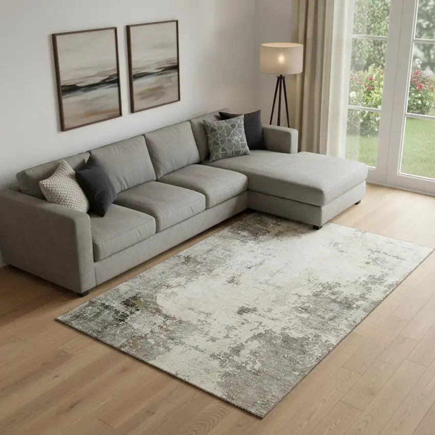 Pewter And Ivory Abstract Washable Area Rug With UV Protection Photo 2