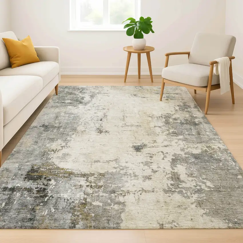 Pewter And Ivory Abstract Washable Area Rug With UV Protection Photo 5