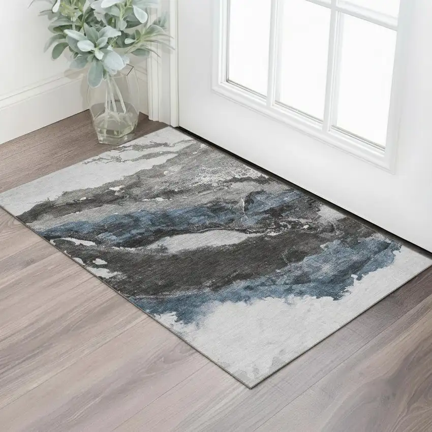Pewter And Ivory Abstract Washable Area Rug With UV Protection Photo 2