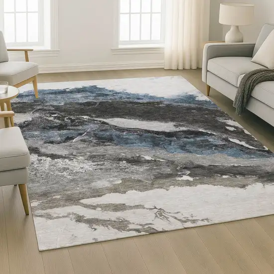 Pewter And Ivory Abstract Washable Area Rug With UV Protection Photo 6