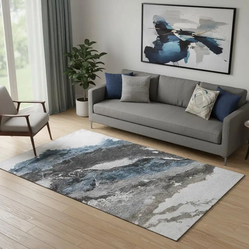 Pewter And Ivory Abstract Washable Area Rug With UV Protection Photo 2