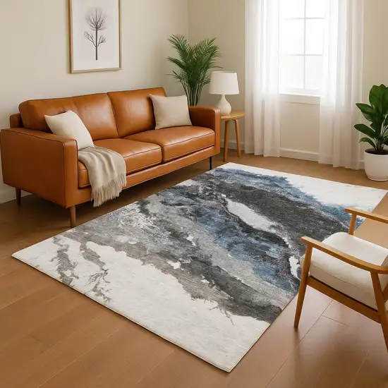 Pewter And Ivory Abstract Washable Area Rug With UV Protection Photo 5