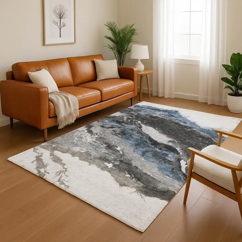 Pewter And Ivory Abstract Washable Area Rug With UV Protection Photo 5
