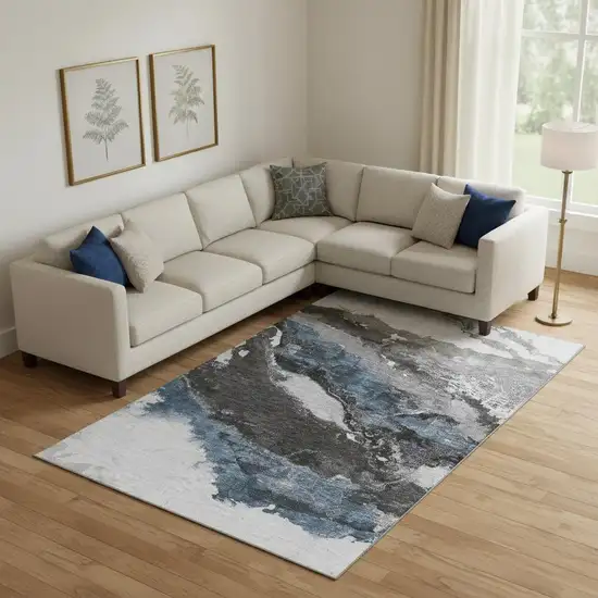 Pewter And Ivory Abstract Washable Area Rug With UV Protection Photo 2