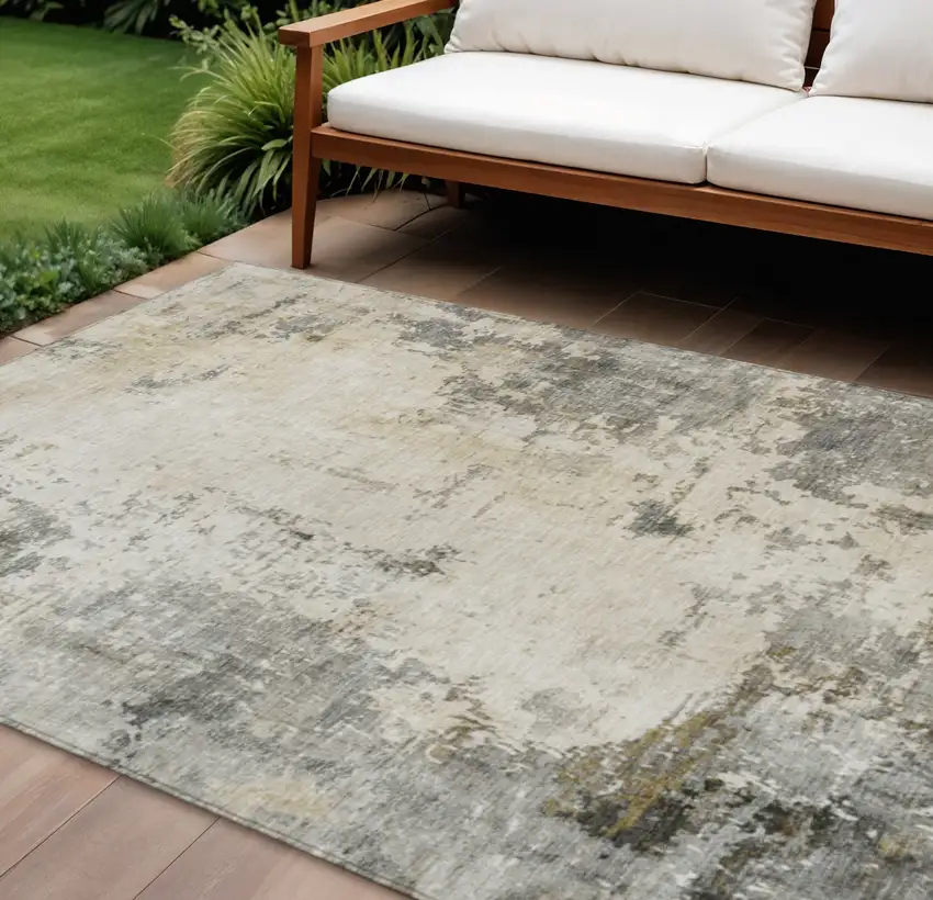 Pewter And Ivory Abstract Washable Indoor Outdoor Area Rug Photo 2