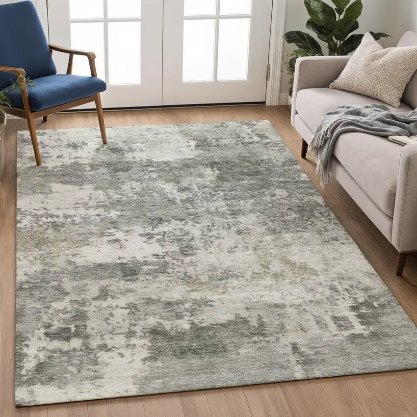 Pewter And Ivory Abstract Washable Indoor Outdoor Area Rug Photo 3