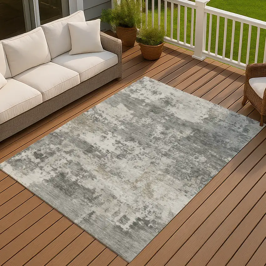 Pewter And Ivory Abstract Washable Indoor Outdoor Area Rug Photo 2
