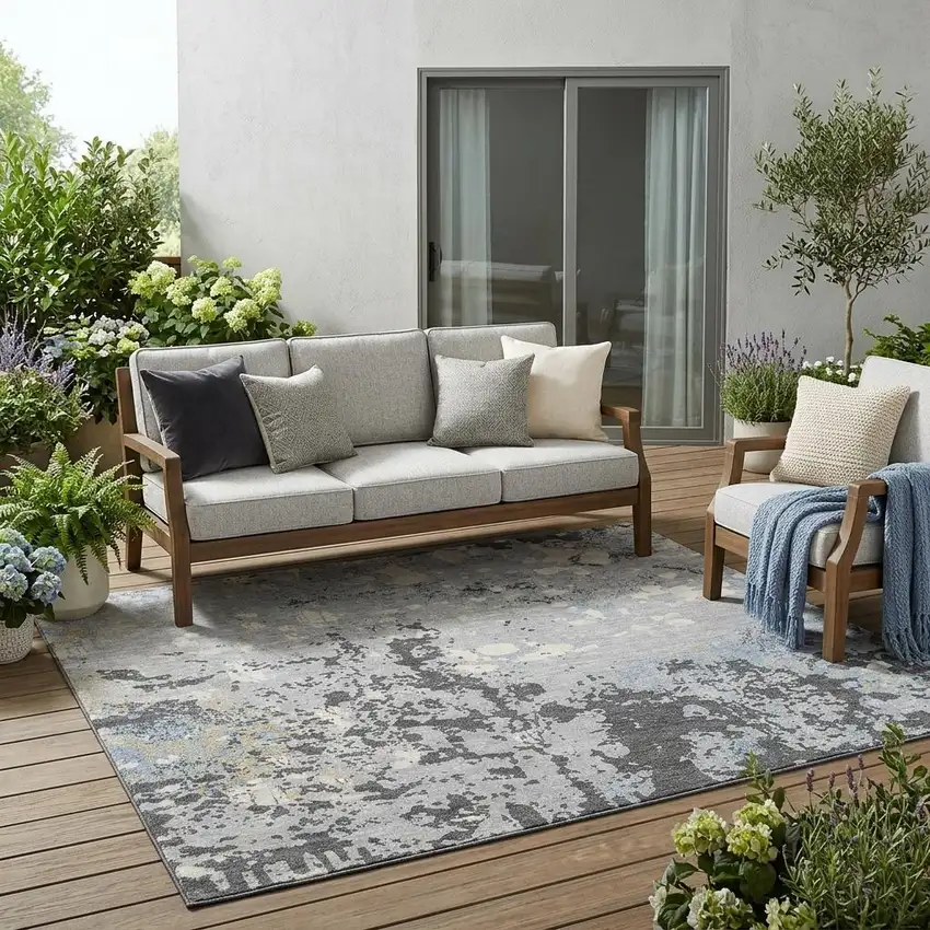 Pewter And Ivory Abstract Washable Indoor Outdoor Area Rug Photo 1
