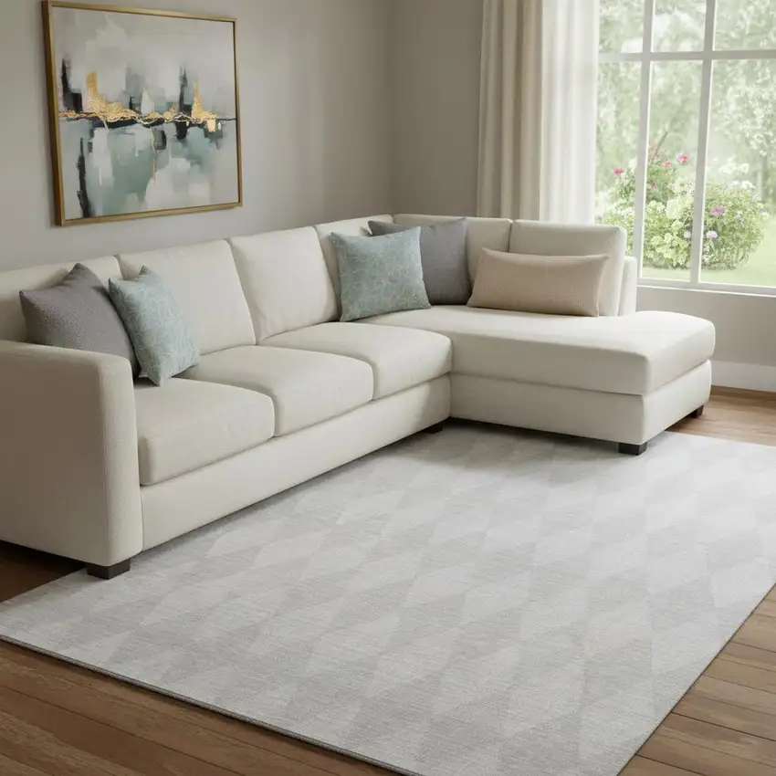 Pewter And Ivory Diamond Washable Area Rug With UV Protection Photo 1