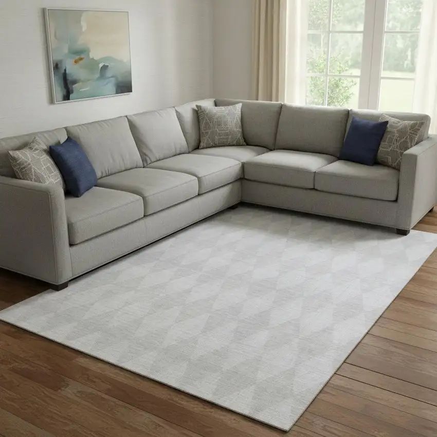 Pewter And Ivory Diamond Washable Area Rug With UV Protection Photo 1