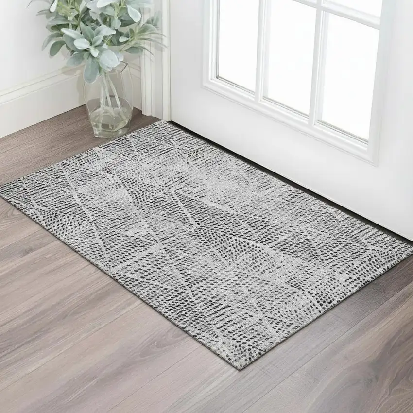 Pewter And Ivory Diamond Washable Area Rug With UV Protection Photo 1