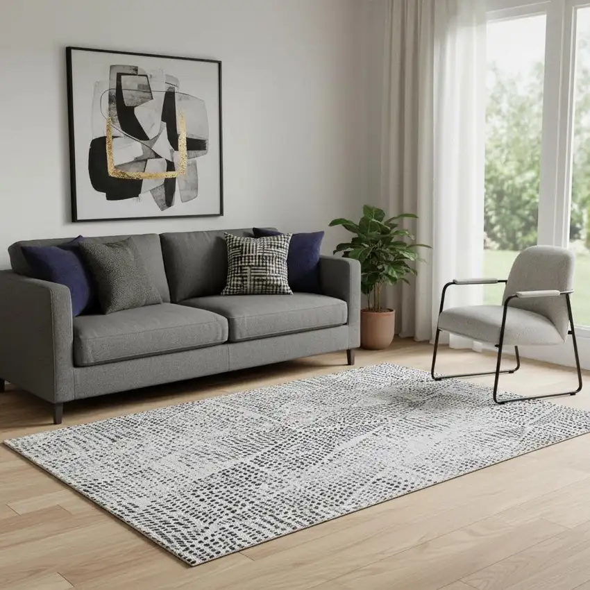 Pewter And Ivory Diamond Washable Area Rug With UV Protection Photo 1