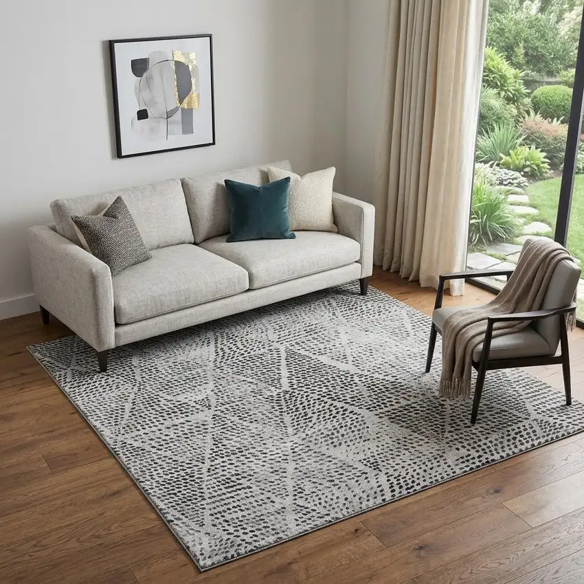 Pewter And Ivory Diamond Washable Area Rug With UV Protection Photo 1