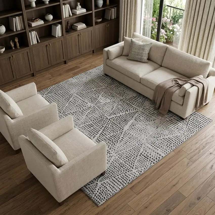 Pewter And Ivory Diamond Washable Area Rug With UV Protection Photo 1