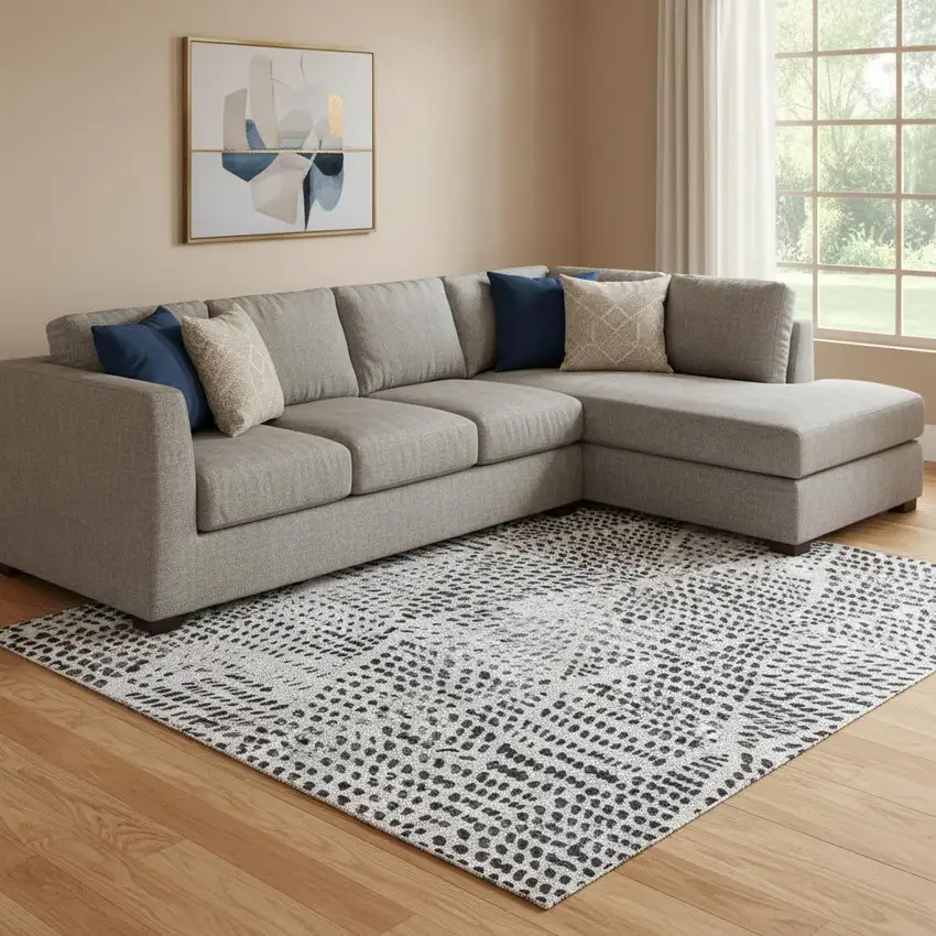 Pewter And Ivory Diamond Washable Area Rug With UV Protection Photo 1