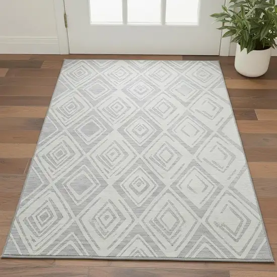 Pewter And Ivory Diamond Washable Area Rug With UV Protection Photo 2