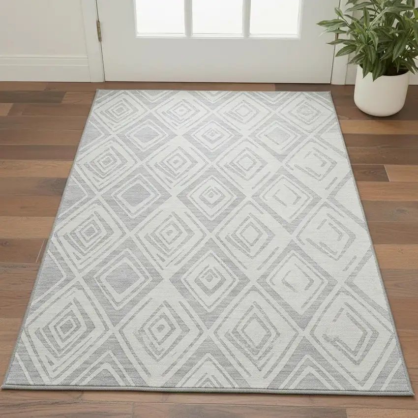 Pewter And Ivory Diamond Washable Area Rug With UV Protection Photo 2