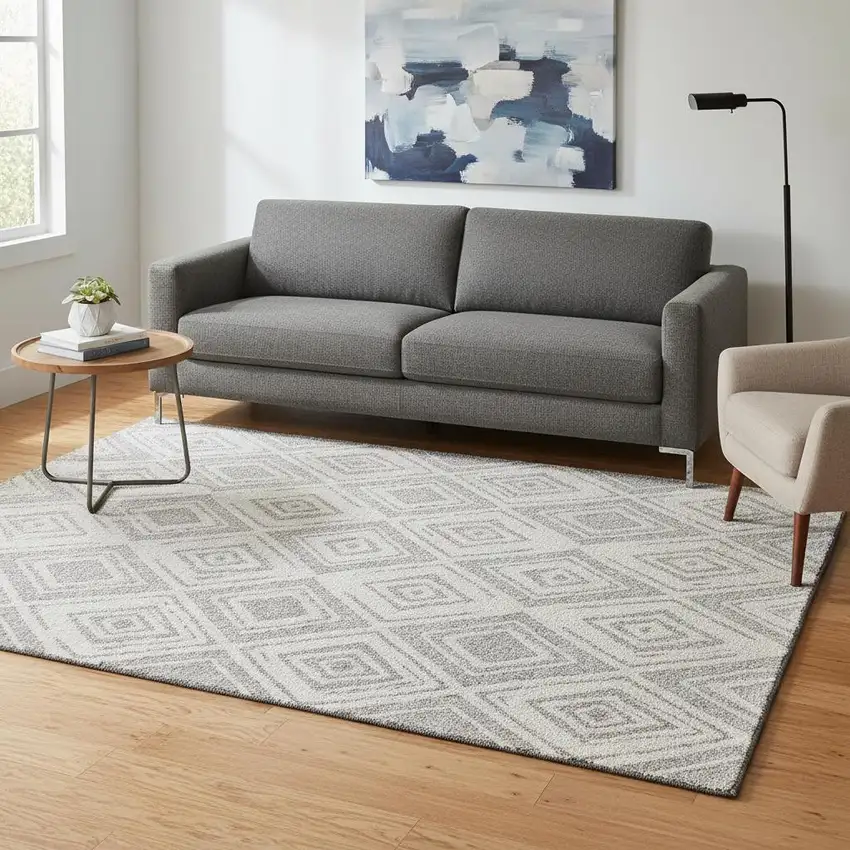 Pewter And Ivory Diamond Washable Area Rug With UV Protection Photo 2