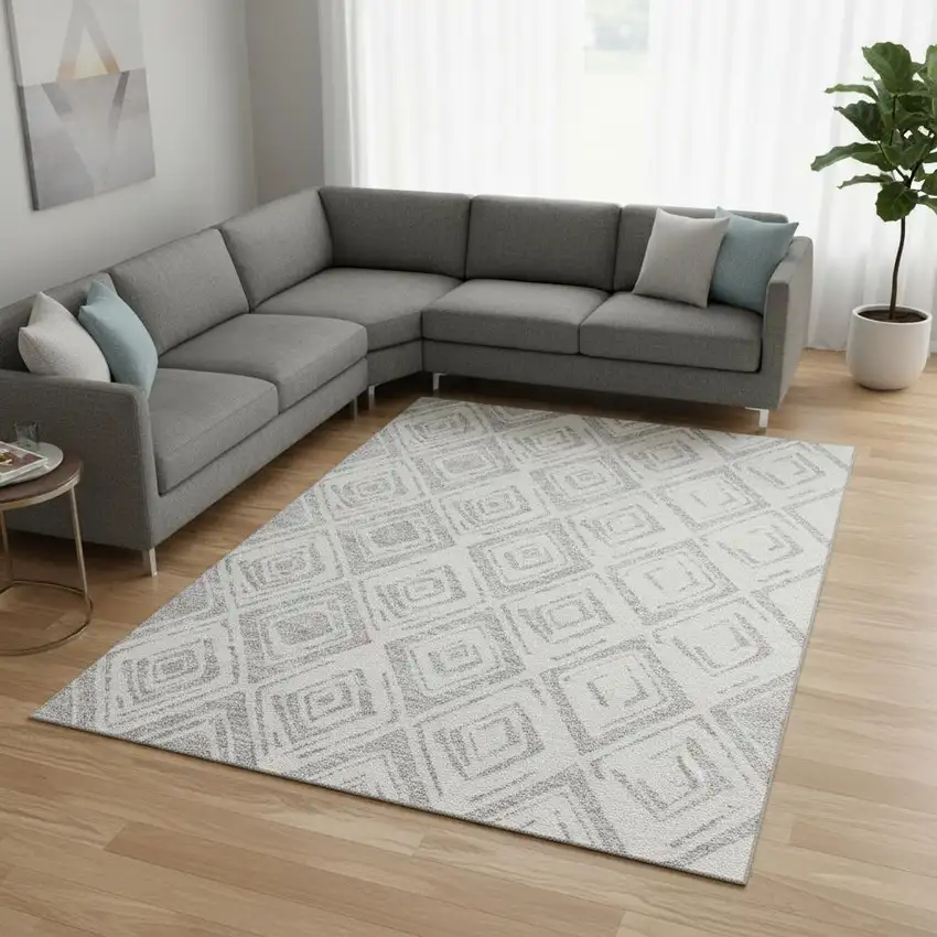 Pewter And Ivory Diamond Washable Area Rug With UV Protection Photo 2